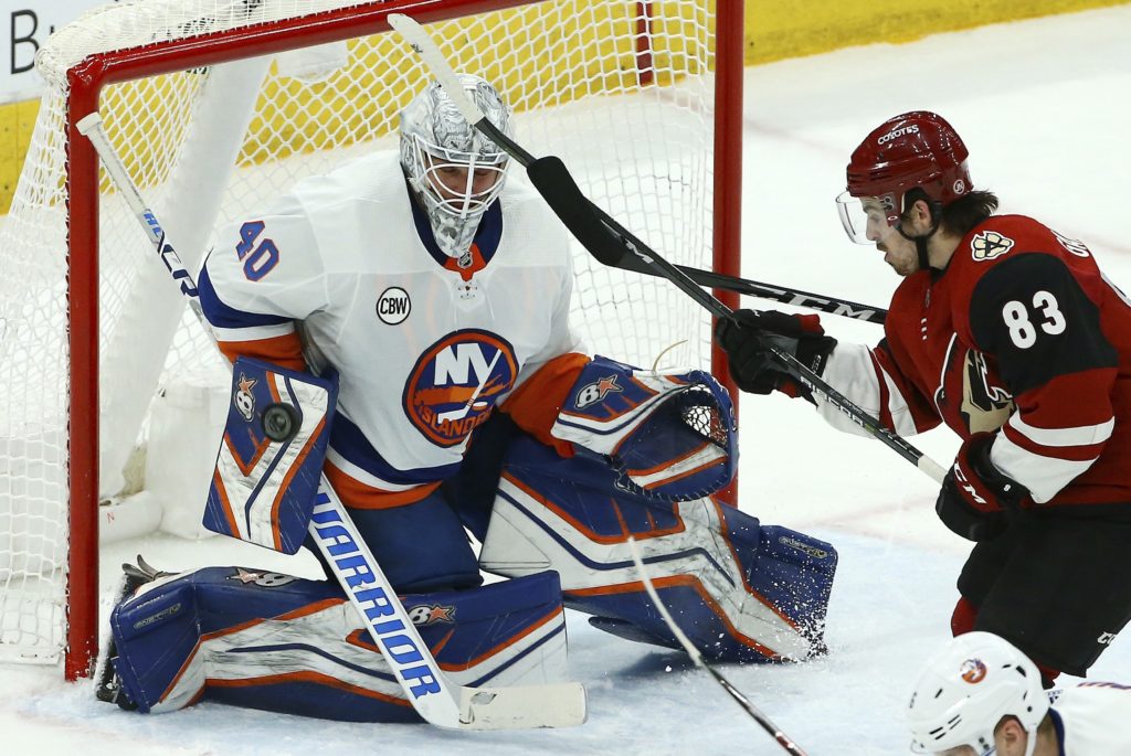 Robin Lehner made 35 saves in Arizona on Tuesday night, posting his first win since Oct. 30 and helping the New York Islanders to their third consecutive victory. AP Photo by Ross D. Franklin
