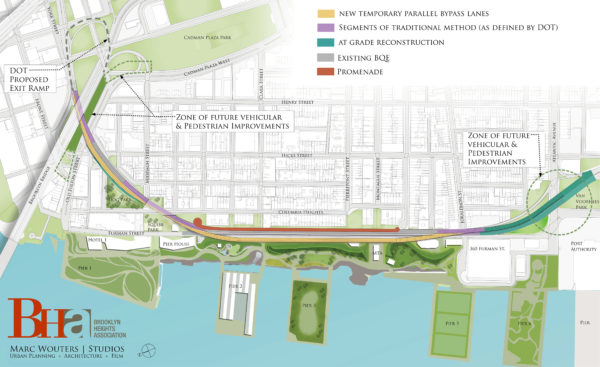 This map shows the locations of the various temporary BQE highway alternatives being considered by NYC DOT. The Brooklyn Heights Association’s proposal is shown in tan. Map courtesy of Marc Wouters Studios