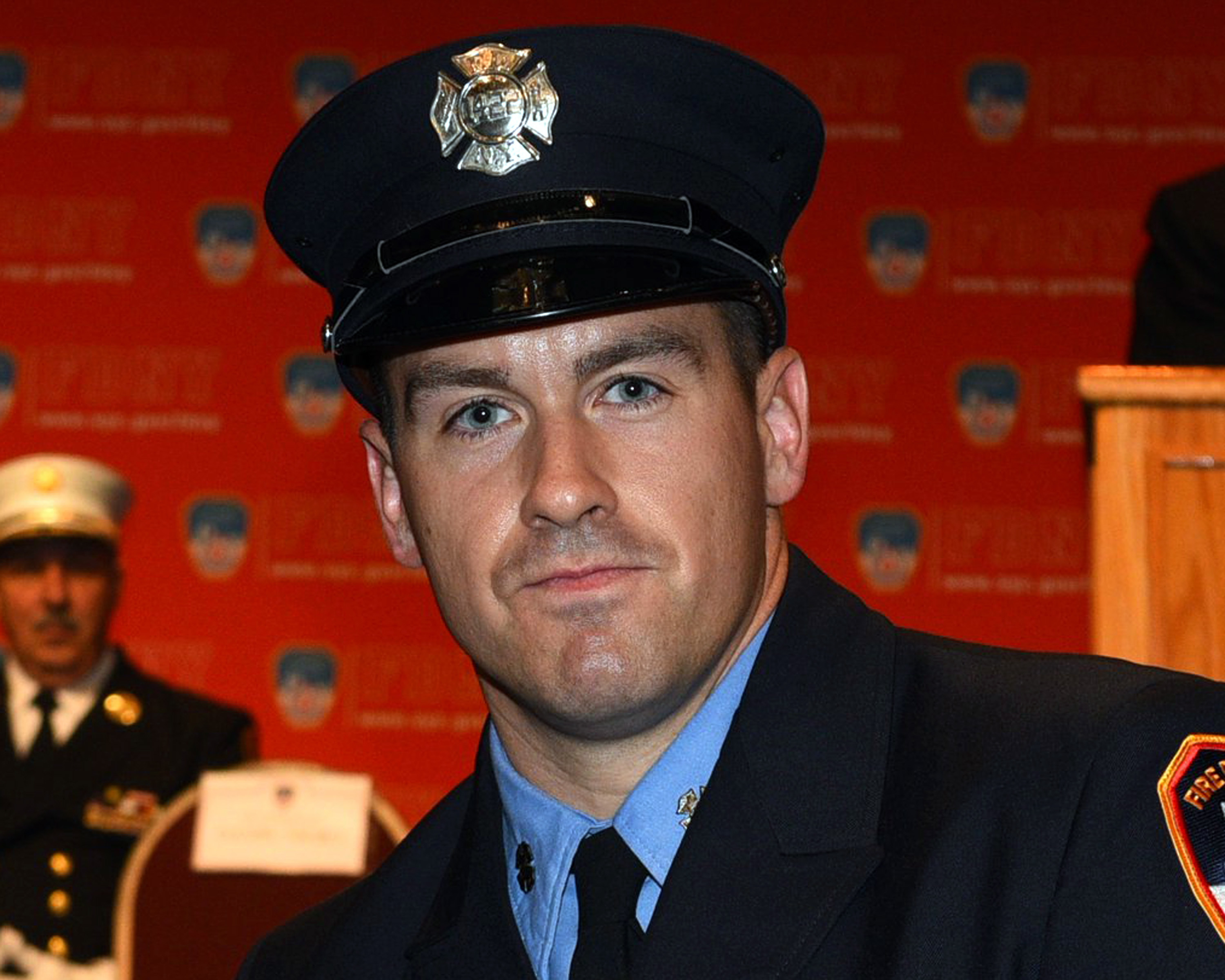 This undated photo provided by the New York City Fire Department shows firefighter Steven H. Pollard. A New York City firefighter responding to a car accident in Brooklyn fell from an overpass and died at a hospital. In statement on the Fire Department's Facebook page Monday, Jan. 7, 2019, Fire Commissioner Daniel Nigro and Mayor Bill de Blasio identified the probationary firefighter as Pollard. (New York City Fire Department via AP)