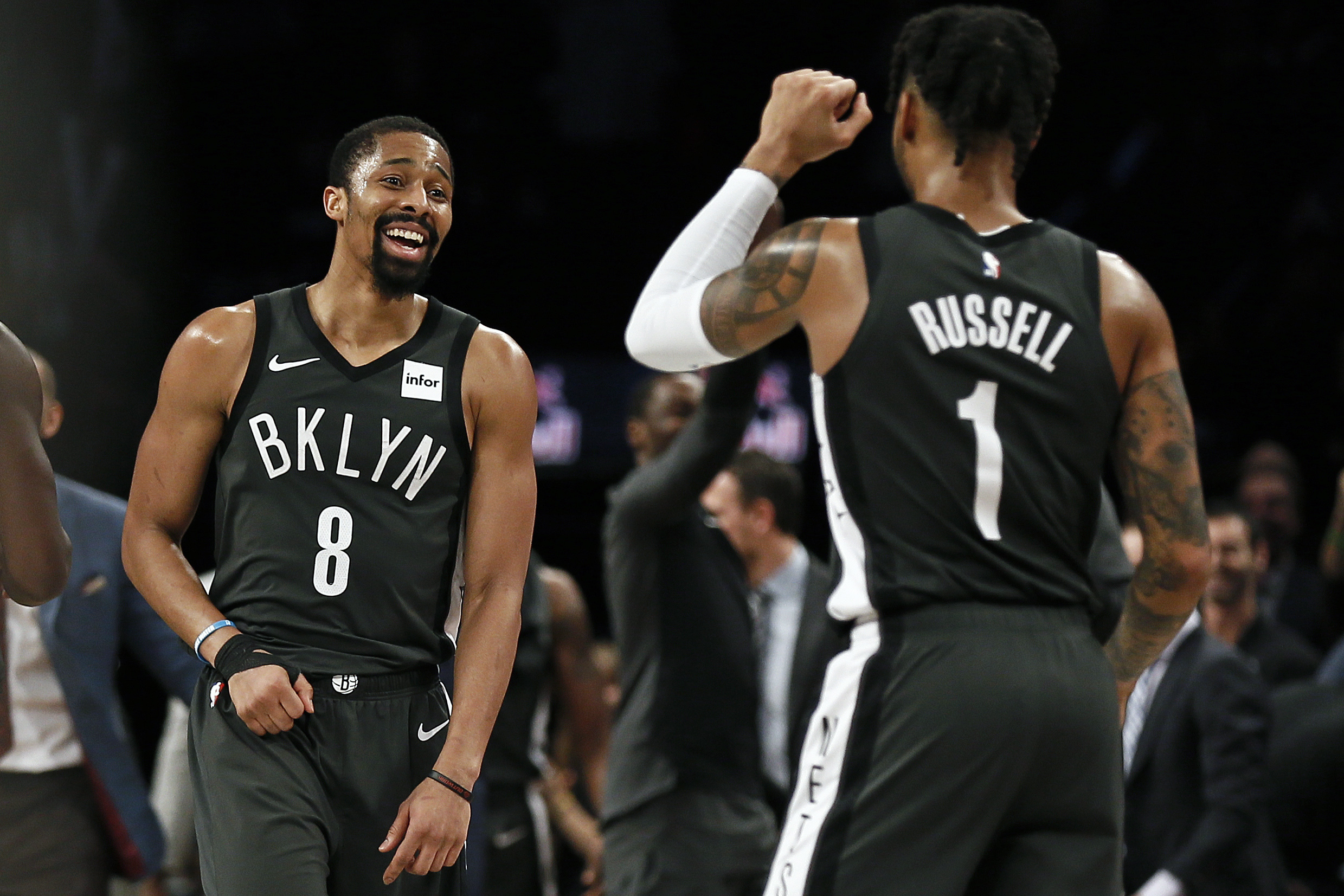 Whether they are setting one another up or simply creating opportunities for others, Brooklyn guards Spencer Dinwiddie and D’Angelo Russell finally appear to be on the same page for the red-hot Nets. AP Photos/Adam Hunger