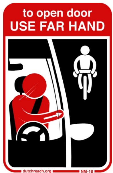 The Dutch Reach Project has distributed numerous informational stickers, like this one, to raise public awareness of the car-exiting practice. Image courtesy of Dutch Reach Project