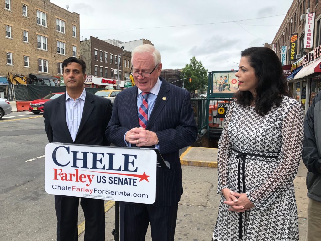 Former state Sen. Marty Golden (center) stood outside the 86th Street R train station in September with Brooklyn Republican Party Chairperson Ted Ghorra and then-U.S. Senate candidate Chele Farley to call on Gov. Andrew Cuomo to sign his legislation. Cuomo signed the bill in the waning days of Golden’s tenure. Eagle file photo by Paula Katinas