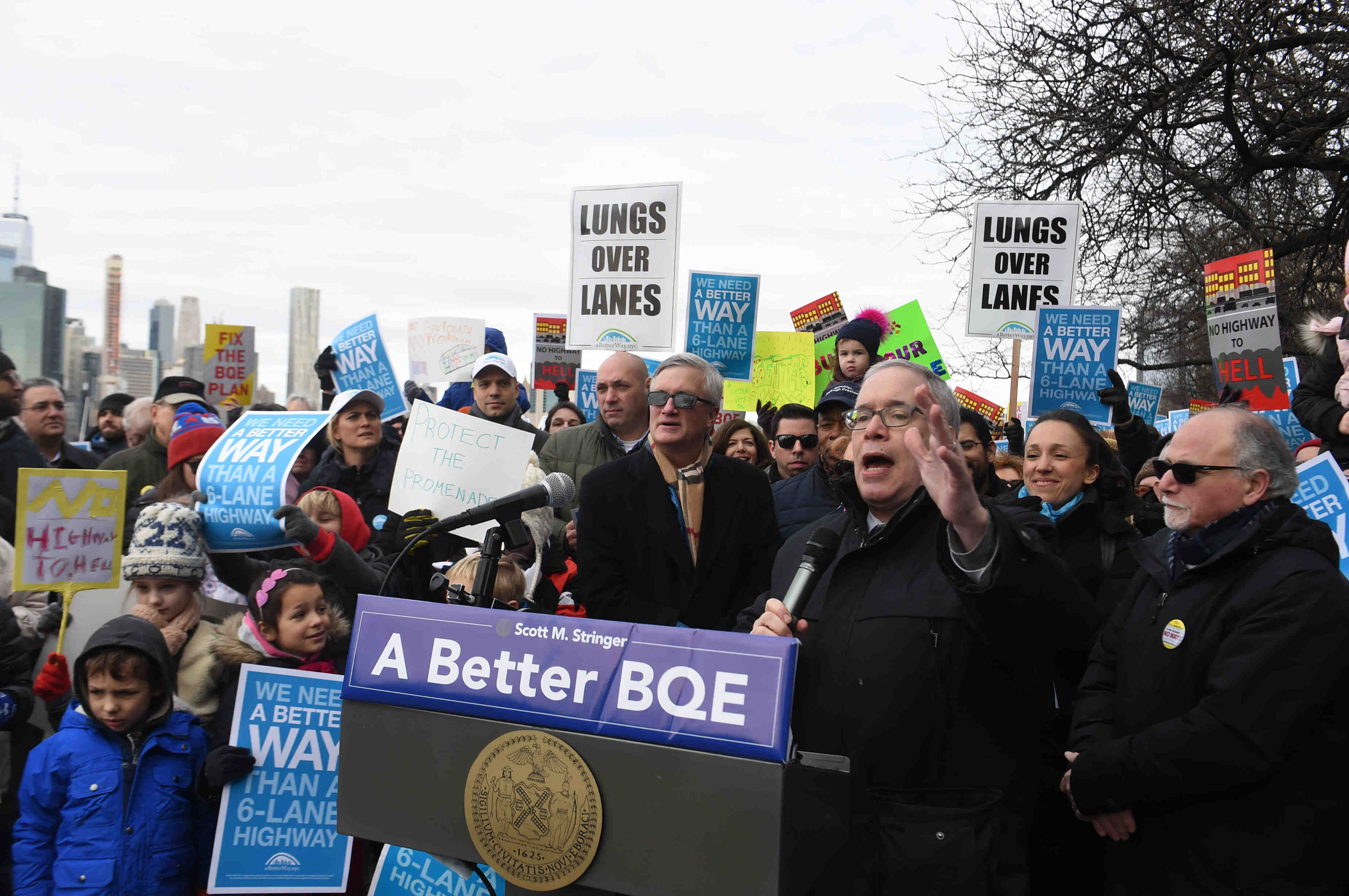 Hundreds of protestors jammed the Brooklyn Heights Promenade for a mass protest against building the BQE on top of the promenade, putting traffic right behind people's homes. Eagle photo by Todd Maisel