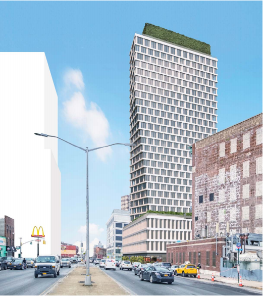 The proposed apartment tower at 809 Atlantic Ave. will be located next to the Church of St. Luke and St. Matthew. Rendering by Morris Adjmi Architects via the Landmarks Preservation Commission