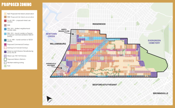 A proposed rezoning of Bushwick, outlined here in a screenshot, is the central recommendation of the Community Plan