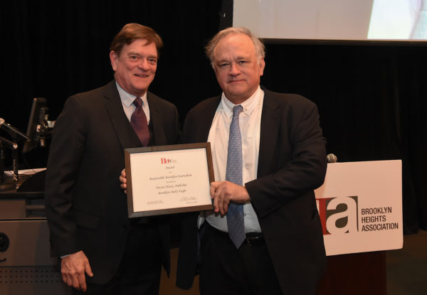 Dozier Hasty, publisher of the Brooklyn Daily Eagle (shown right) receives the Brooklyn Heights Association’s Award for Responsible Brooklyn Journalism from Tom Stewart. Eagle photo by Todd Maisel