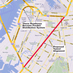A proposal to build a Cross Downtown Brooklyn tunnel, an idea studied by the state in 2010, is sparking new interest. It would redirect traffic from the ailing BQE, cut travel time and improve quality of life, according to Cobble Hill resident Roy Sloane, who came up with the design in 2010. This map shows the alignment of the proposed tunnel. Map courtesy of Roy Sloane