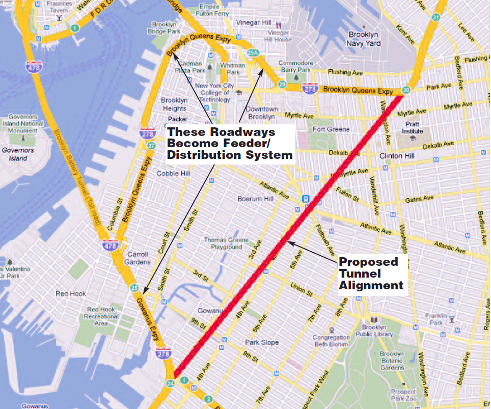 A proposal to build a Cross Downtown Brooklyn tunnel, an idea studied by the state in 2010, is sparking new interest. It would redirect traffic from the ailing BQE, cut travel time and improve quality of life, according to Cobble Hill resident Roy Sloane, who came up with the design in 2010. This map shows the alignment of the proposed tunnel. Map courtesy of Roy Sloane
