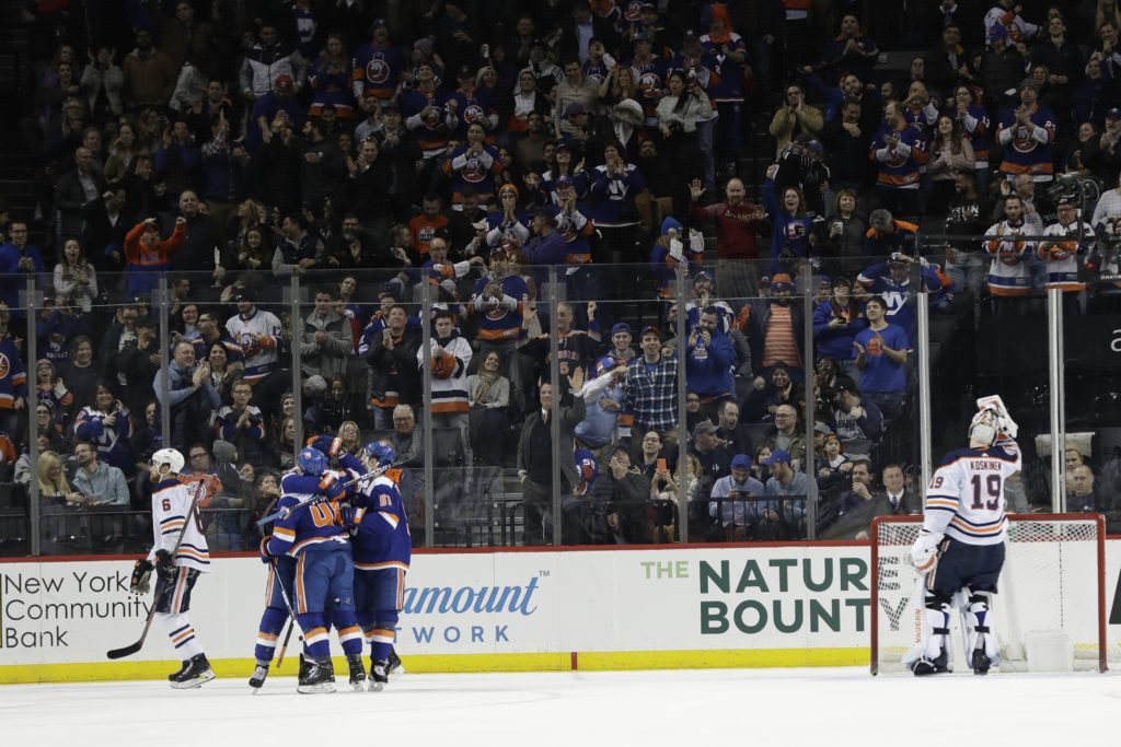 The first-place Islanders bid farewell to Barclays Center for the remainder of the regular season following Saturday night’s 5-2 victory over Edmonton. (AP Photo/Frank Franklin II)