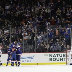 The first-place Islanders bid farewell to Barclays Center for the remainder of the regular season following Saturday night’s 5-2 victory over Edmonton. (AP Photo/Frank Franklin II)