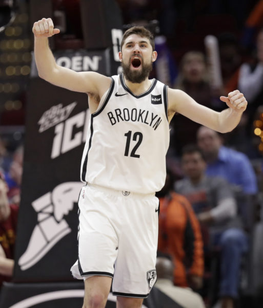 Joe Harris roars with delight Wednesday night in Cleveland as the Nets survived three overtimes during a wild 148-139 victory over the Cavaliers. Harris will participate in the All-Star 3-Point Contest Saturday night in Charlotte, North Carolina.(AP Photo/Tony Dejak)