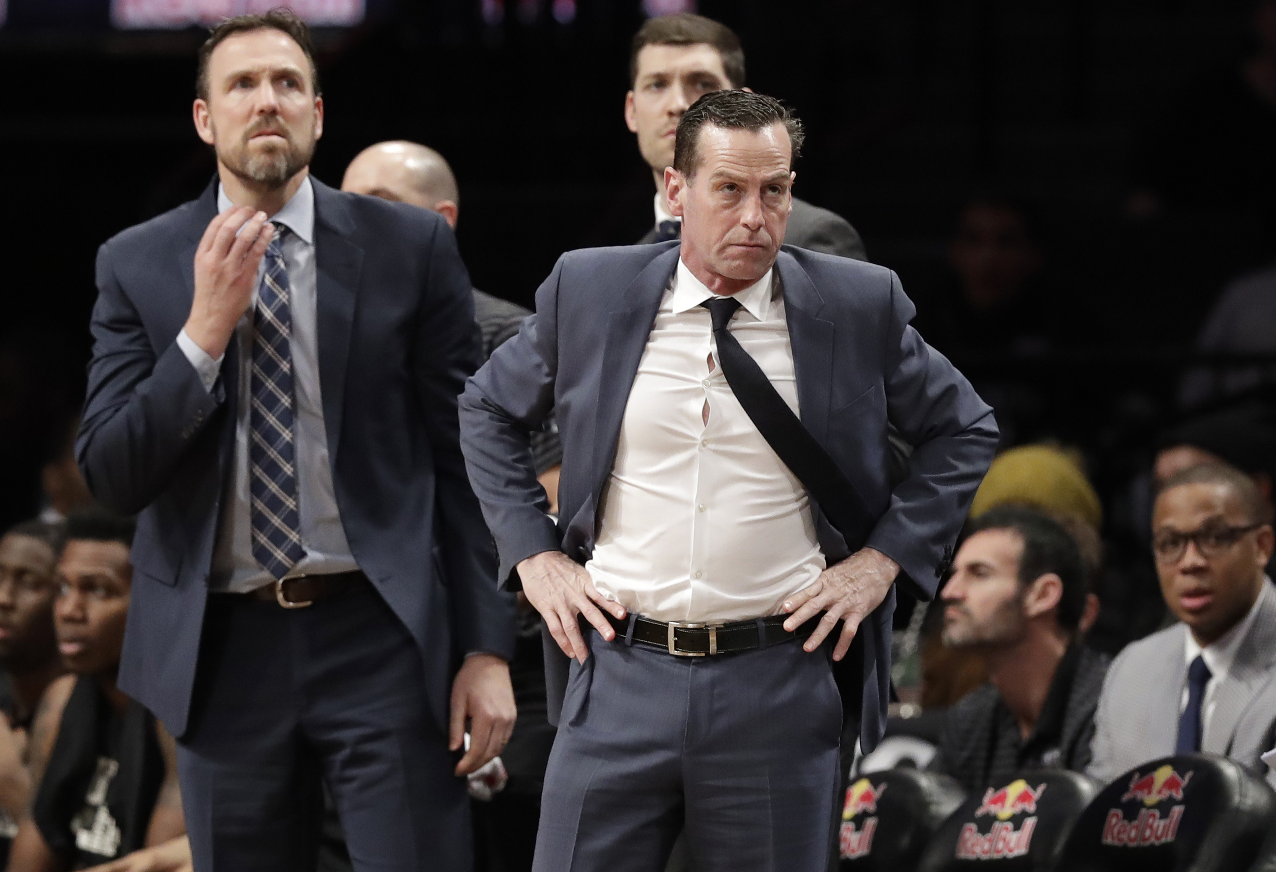 Head coach Kenny Atkinson could hardly believe what he was seeing Wednesday night at Downtown’s Barclays as the Nets suffered a humbling loss to the previously slumping Washington Wizards.(AP Photo/Kathy Willens)