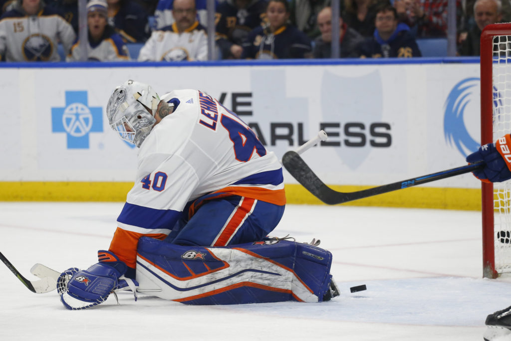 Robin Lehner stopped 19 shots Tuesday night in Buffalo, but Johan Larsson’s third-period shot slithered through his legs and into the net during the Islanders’ 3-1 loss to the Sabres.(AP Photo/Jeffrey T. Barnes)