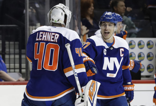 Team captain Anders Lee scored his team-high 19th goal of the season and Robin Lehner lowered his league-leading goals-against average Saturday night in New York’s 5-2 victory over visiting Edmonton.(AP Photo/Frank Franklin II)