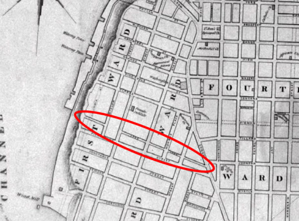 This small section of Martin’s Map of the City of Brooklyn, 1834, shows a much longer Love Lane than exists today in Brooklyn Heights. Love Lane today is only one block long, except for a section quietly preserved as greenspace. Courtesy Robert Furman Collection