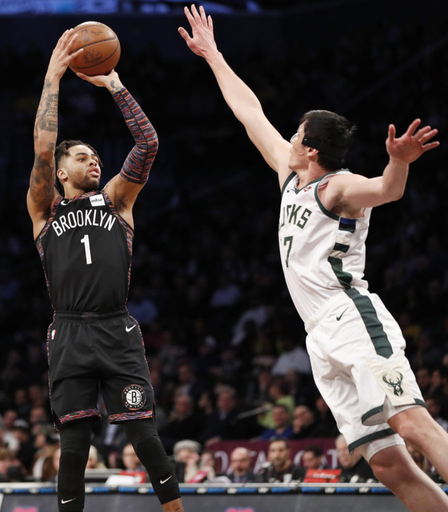 All-Star D’Angelo Russell rises for two of his 18 points on a night the Nets were sorely lacking in fire power against the league-leading Milwaukee Bucks. AP Photo/Kathy Willens