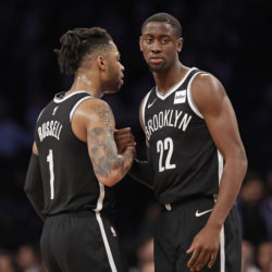 Nets All-Star point guard D’Angelo Russell keeps pushing Caris LeVert to remain patient as he works his way back from a foot injury that cost him 42 games earlier this season.(AP Photo/Kathy Willens)