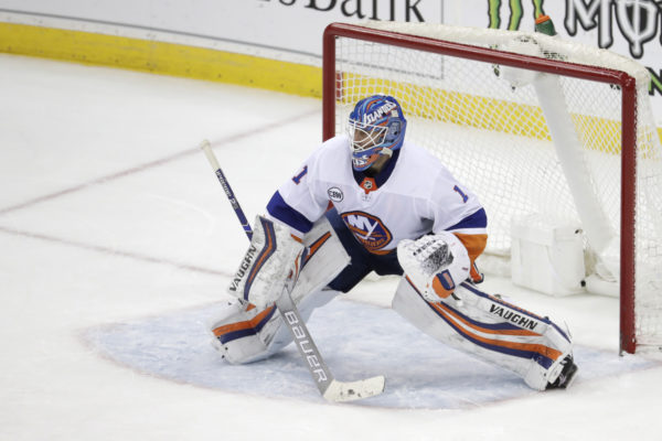 Isles goalie Thomas Greiss had a personal 5-0-1 streak snapped in Calgary Wednesday night, surrendering four goals to the Flames after yielding only three tallies over his previous six outings. (AP Photo/Julio Cortez)
