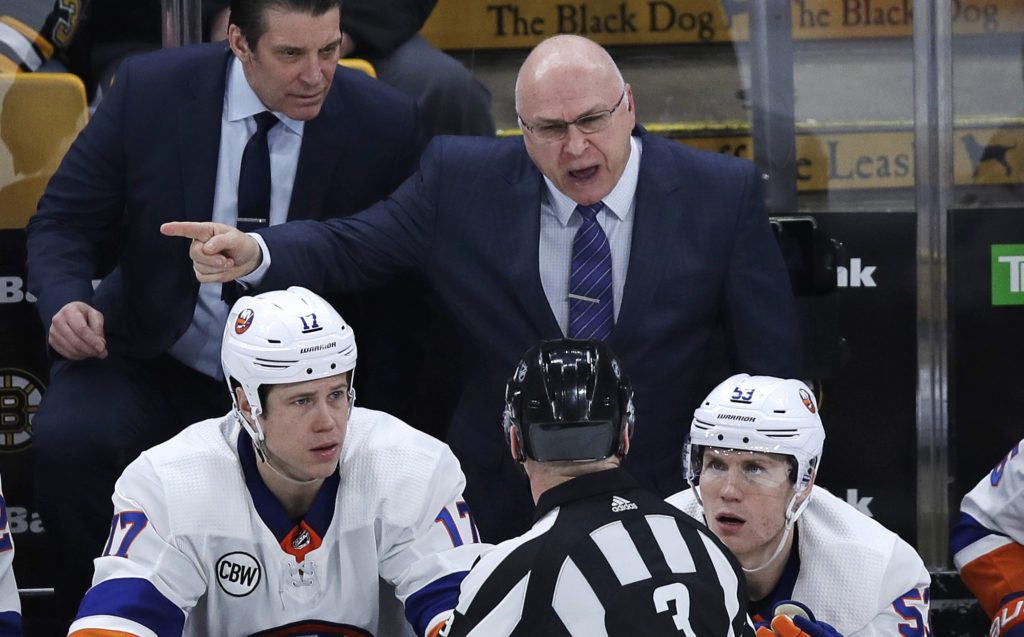 Isles head coach Barry Trotz was left to lament what could have been after an offside penalty cost his team a go-ahead goal in the third period of New York’s 3-1 loss in Boston Tuesday night.(AP Photo/Charles Krupa)
