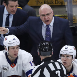 Isles head coach Barry Trotz was left to lament what could have been after an offside penalty cost his team a go-ahead goal in the third period of New York’s 3-1 loss in Boston Tuesday night.(AP Photo/Charles Krupa)