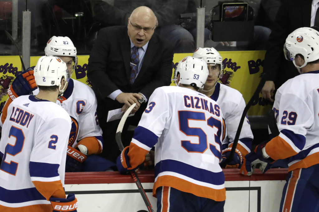 Head coach Barry Trotz gave his first-place Islanders an “F” for their performance during a 4-2 loss in Calgary Wednesday night.(AP Photo/Julio Cortez)