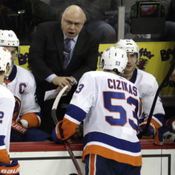 Head coach Barry Trotz gave his first-place Islanders an “F” for their performance during a 4-2 loss in Calgary Wednesday night.(AP Photo/Julio Cortez)