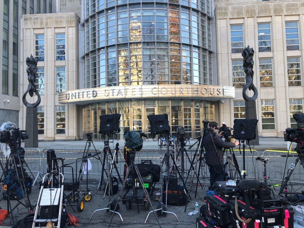 Camera crews prepare outside the federal courthouse for the third day of jury deliberations in the El Chapo trial. Eagle photo by Sara Bosworth