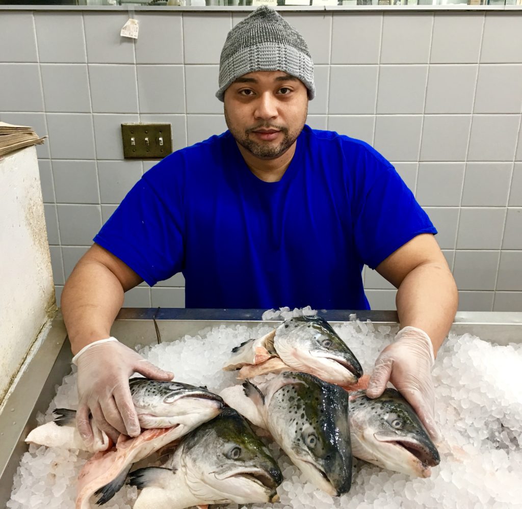 Salmon heads are a surprisingly popular purchase at Gurvan Duncan’s Myrtle Avenue fish shop. Eagle photo by Lore Croghan.