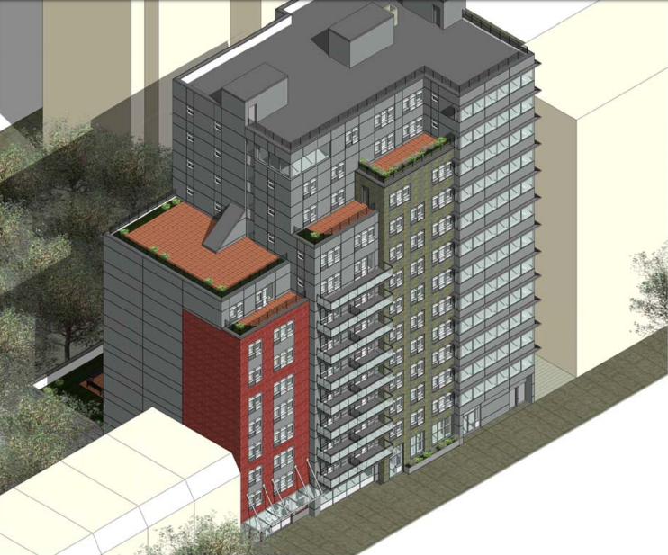This is an aerial view of the 142-150 South Portland Ave. design. Rendering via the Department of City Planning