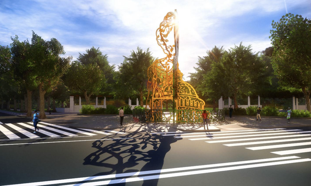 Five final artist renderings for Shirley Chishom’s Prospect Park statute were announced on Wednesday, including this monument from Amanda Williams and Olalekan Jeyifous. Rendering courtesy of Women.NYC