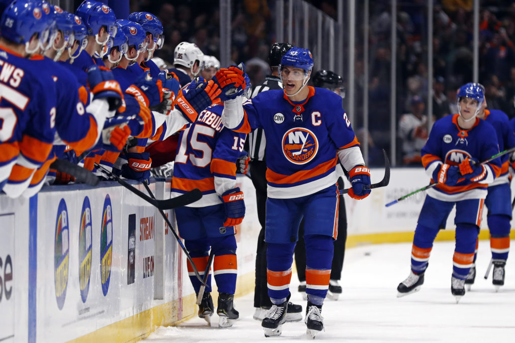 Team captain Anders Lee and his teammates got back to basics Monday night at the renovated Nassau Coliseum, blanking Columbus 2-0 in a pivotal Eastern Conference matchup.(AP Photo/Adam Hunger)