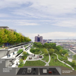 A new proposal would turn a decrepit section of the BQE — the Triple Cantilever — into a three-level Tri-Line park, similar to the Highline Park in Manhattan. Rendering via Mark Baker