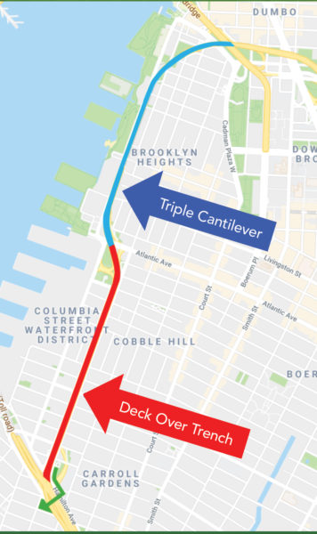 NYC Comptroller Scott Stringer’s plan to rehabilitate the Brooklyn-Queens Expressway would eliminate cars, run trucks along a two-lane thruway at the bottom level, and turn the rest into a new linear park running to Red Hook. Map via Comptroller Stringer’s Office