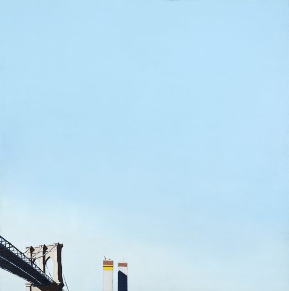 “The Brooklyn Bridge and the World Trade Towers,” Collection of the National September 11 Memorial & Museum, 1971 oil on panel by Ken Rush. Image courtesy of the artist