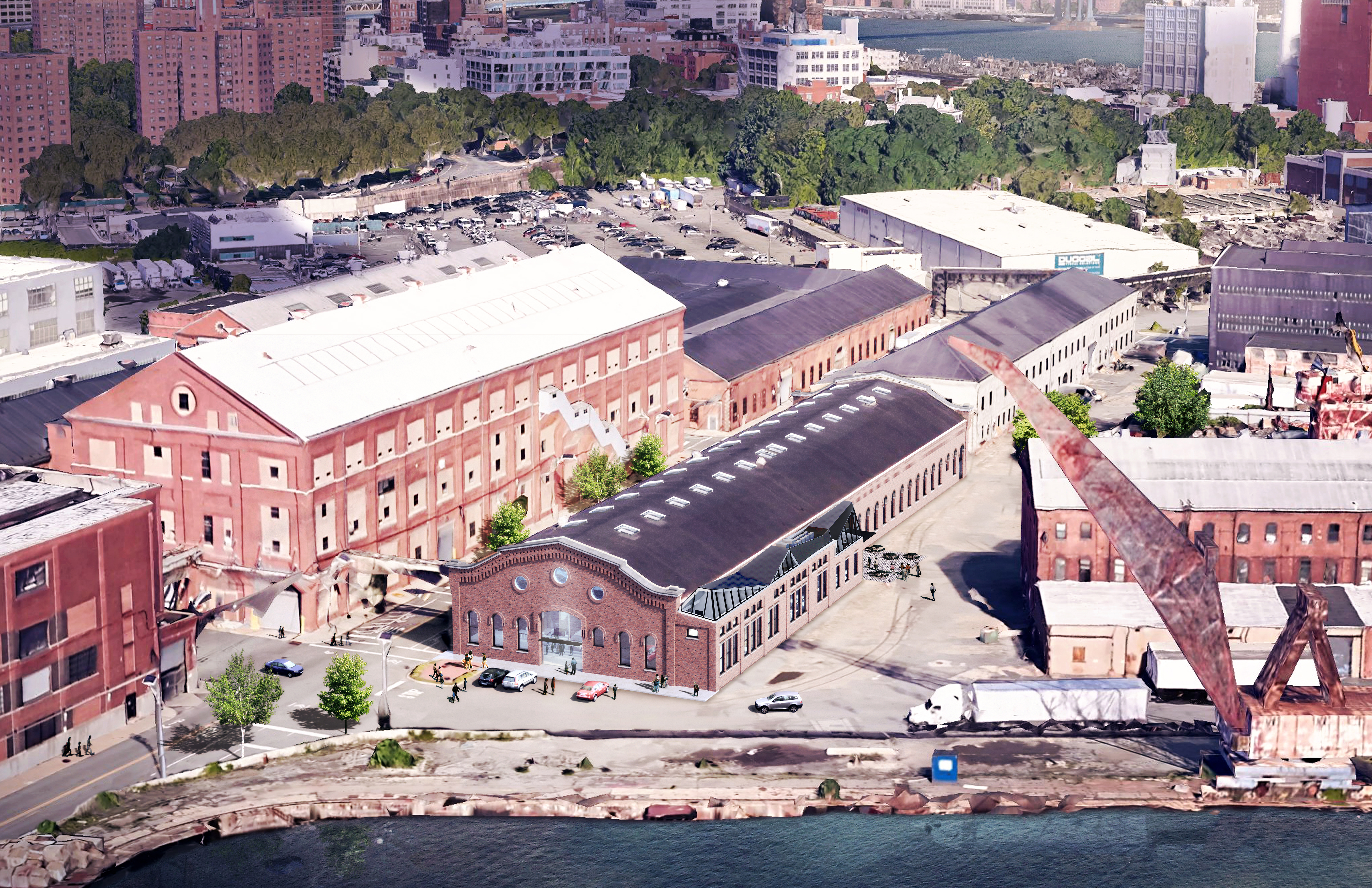 This conceptual rendering shows a proposed design for the Brooklyn Navy Yard's Building 20, the building with the dark gray roof. Renderings by Rogers Partners Architects + Urban Designers