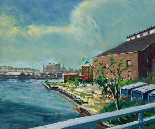 Ken Rush’s 2018 painting of the S.W. Bowne Grain Storehouse is called “Hamilton Avenue Bridge Looking South.” Oil on canvas by Ken Rush. Image courtesy of the artist