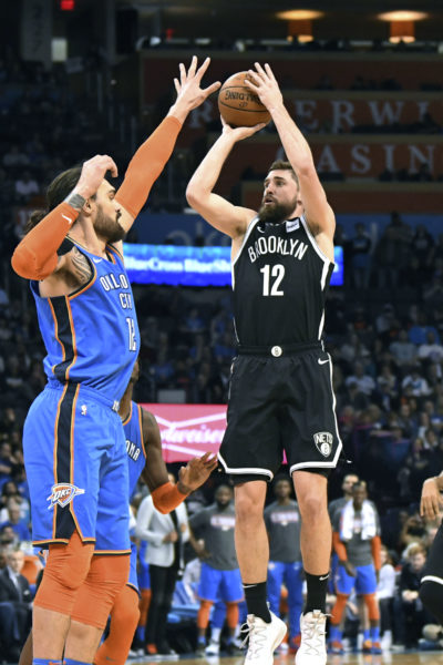 Joe Harris rises up for two of his 13 points during the Nets’ disappointing opener of a seven-game road trip in Oklahoma City Wednesday night.(AP Photo/June Frantz Hunt)