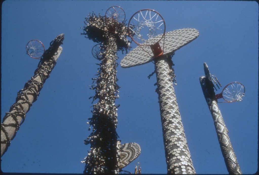 One of the Public Art Fund's most famous exhibitions, “Higher Goals” by David Hammons, was presented at Cadman Plaza Park in 1986. Photo by Pinkney Herbert / Jennifer Secor, courtesy of the Public Art Fund