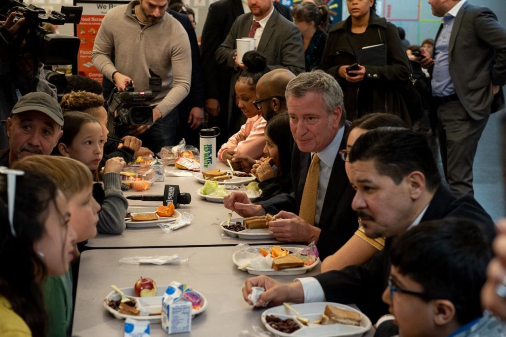 Mayor Bill de Blasio said he would work to fix school policies that have some children eating lunch before 10 a.m. Eagle photo by Paul Stremple