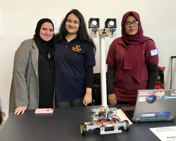 Fatma Naser, Samiha Riham and Syeda Rahman built a Talk and Roll Bot for people with disabilities. Eagle photo by Mary Frost