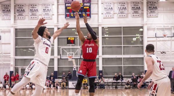 Graduate student Glenn Sanabria scored 15 points in a losing effort Wednesday night in Moon Township, Pennsylvania as the St. Francis Brooklyn Terriers lost to Robert Morris in the first round of the NEC Tournament. Photo Courtesy of SFC Brooklyn Athletics