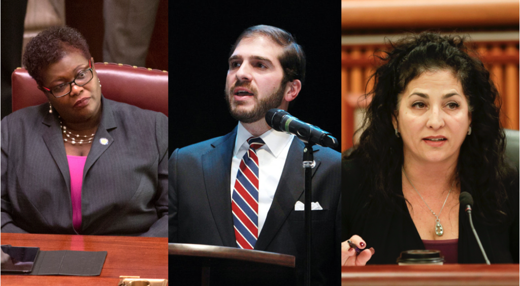 Left to right: State Sens. Roxanne Persaud, Andrew Gounardes and Diane Savino. Left and right: Photos via AP/Mike Groll, center: Eagle file photo by Steve Solomonson.