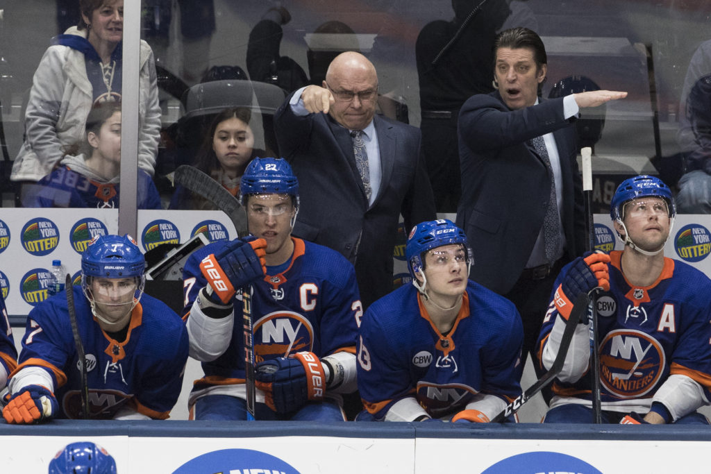Head coach Barry Trotz hopes to point the Islanders back in the right direction following their third shutout loss in the past five games Tuesday night in Columbus, Ohio.(AP Photo/Mary Altaffer)