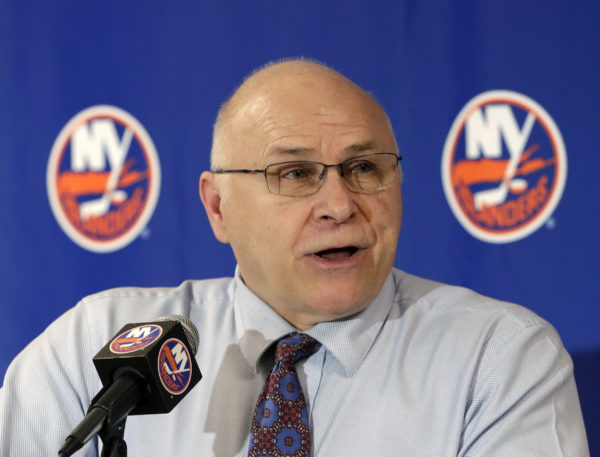 Islanders head coach Barry Trotz was more concerned with his team’s poor third-period performance and a potential injury to starting goalie Robin Lehner than becoming just the fourth coach in NHL history to reach the 800-win plateau Tuesday night.(AP Photo/Kathy Willens)