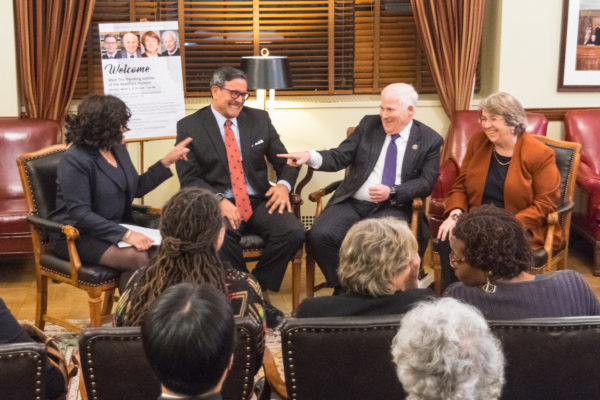 The presiding justices of the Appellate Division joke around like old friends during an event in Brooklyn. Pictured from left: Hon. Cheryl Chambers; Hon. Rolando T. Acosta, Presiding Justice, First Department; Hon. Alan D. Scheinkman, Presiding Justice, Second Department; and Hon. Elizabeth A. Garry, Presiding Justice, Third Department.