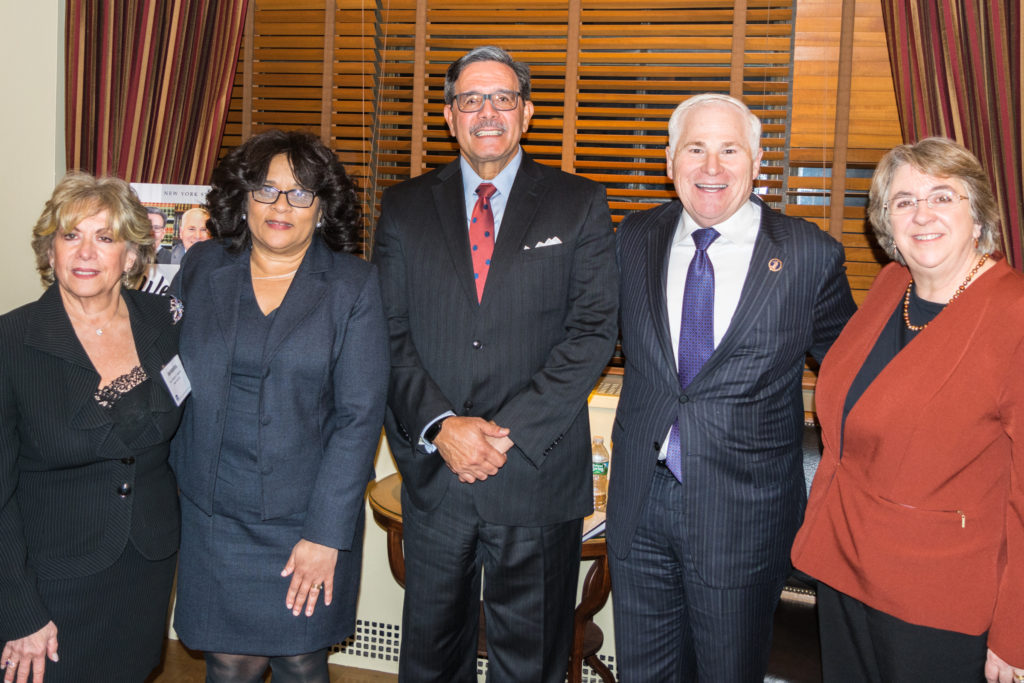 Three of the presiding justices of the Appellate Division met with bar association leaders from around the state during a “Meet the Presiding Justices” meeting hosted by the NYS Bar Association and the Brooklyn Bar Association. Pictured from left: Hon. Barbara R. Kapnick; Hon. Cheryl Chambers; Hon. Rolando T. Acosta, Presiding Justice, First Department; Hon. Alan D. Scheinkman, Presiding Justice, Second Department; and Hon. Elizabeth A. Garry, Presiding Justice, Third Department. Eagle photos by Rob Abruzzese