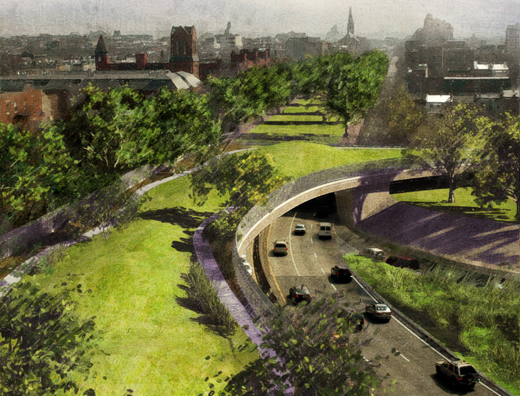 The proposal calls for covering the Cobble Hill and Carroll Gardens BQE trench with an elevated park. The rendering above is one of several possible designs for a linear park. Rendering via dlandstudio