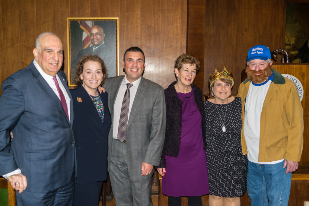 The annual Purim Luncheon is one of the biggest events of the year hosted by the Brooklyn Brandeis Society. Pictured from left: Avery Eli Okin, Hon. Miriam Cyrulnik, Richard Klass, Hon. Katherine Levine, Hon. Ellen Spodek and Andrew Fallek. Eagle photos by Rob Abruzzese
