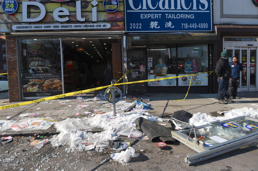The front of the Royal Deli was heavily damaged by the crash. Eagle photos by Todd Maisel