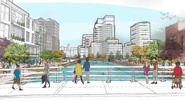 A sketch of a Gowanus Canal bridge with waterfront development and pedestrian activity. Courtesy of Department of City Planning